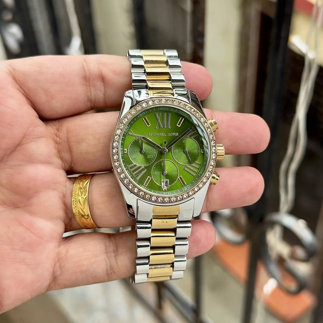 Michae_el Kors Lexington Chronograph womens 2 ton gold green