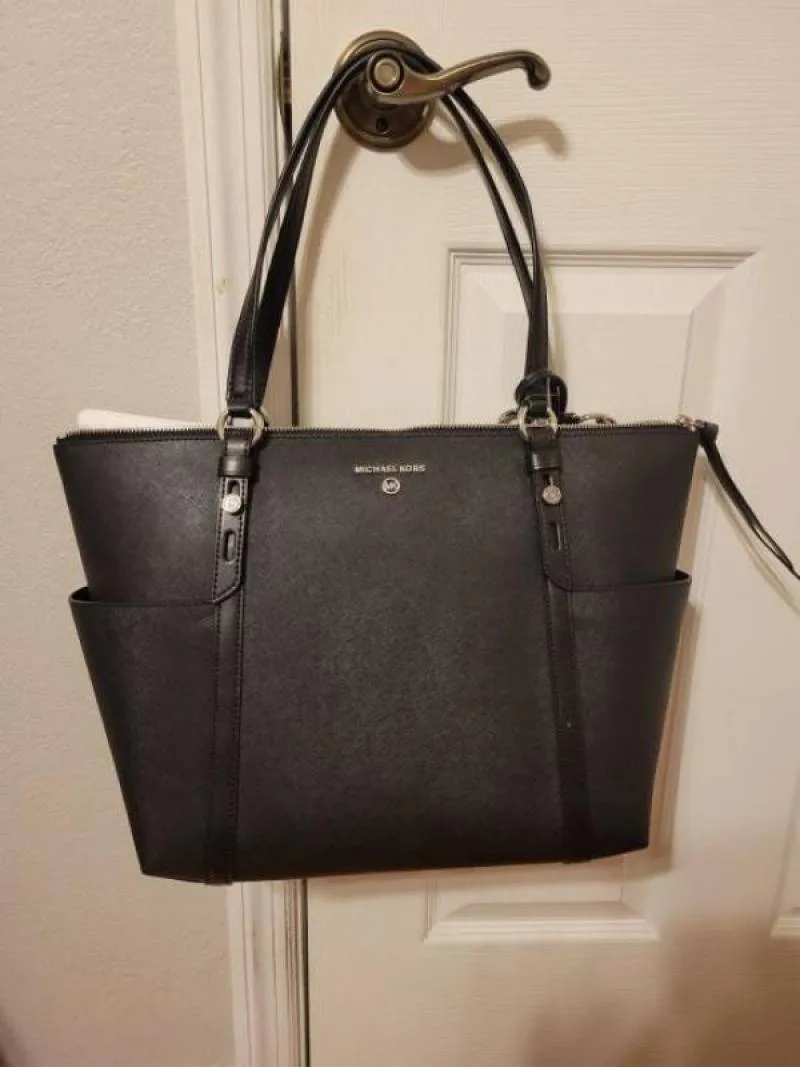 Michael Kor mk Sullivan Side Cut Tote Bag With Dust Bag (Black)