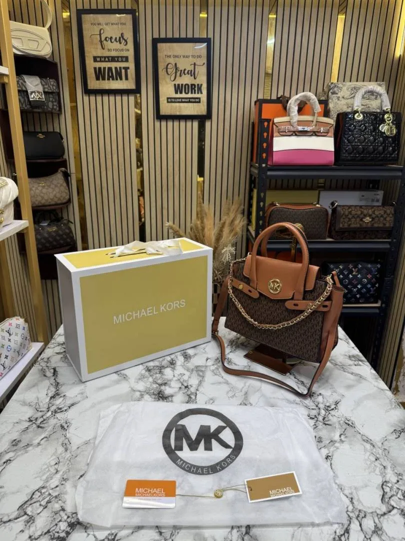 Michael korrs Signature Carmen Flap Leather Satchel Handbag (Brown)