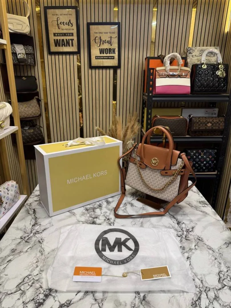Michael korrs signature Carmen Flap Leather Satchel Handbag (Beige 20024)