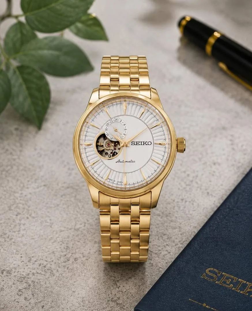 Seiko Presage Cocktail Time Open Heart Automatic gold white