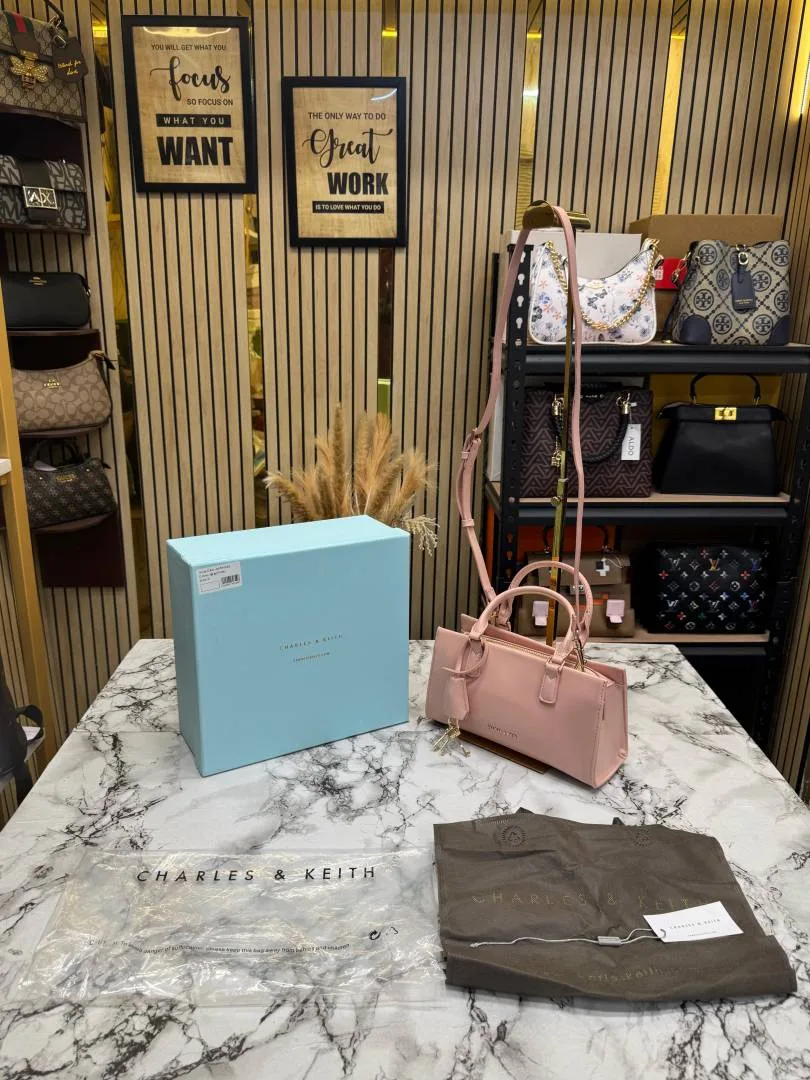 Charle & Keith Structured Top Handle Shoulder Bag NOTE it has DAMAGED Box And Dust Bag (Pink)
