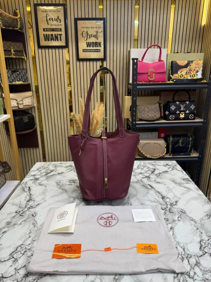 Hermees Picotin Lock Style Leather Tote Bag With Dust Bag (Wine)