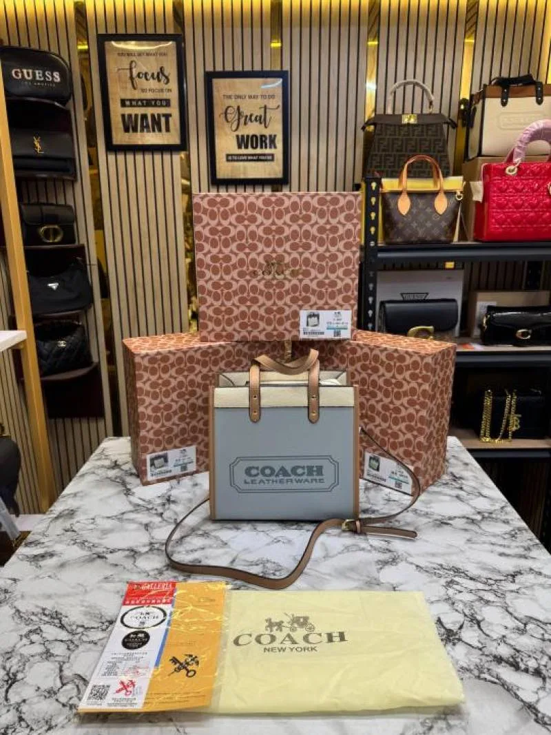 Coac Field Tote Mini Leatherware Print Colorblock Leather Crossbody Bag With Box And Dust Bag (C 80)(Blue)