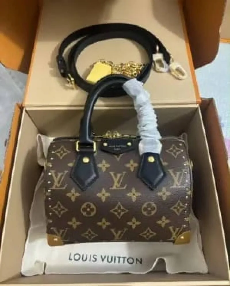 Loius Vutton_Speedy Trunk 20 handbag crafted in the Houses signature Monogram canvas with gold-tone heritage trunk corner and stud Bag with box premium quality