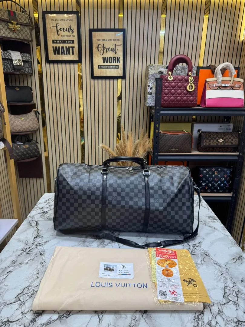Loui Vuitton Keep All Bandouliere Checks Duffle Bag With Dust Bag (Black)