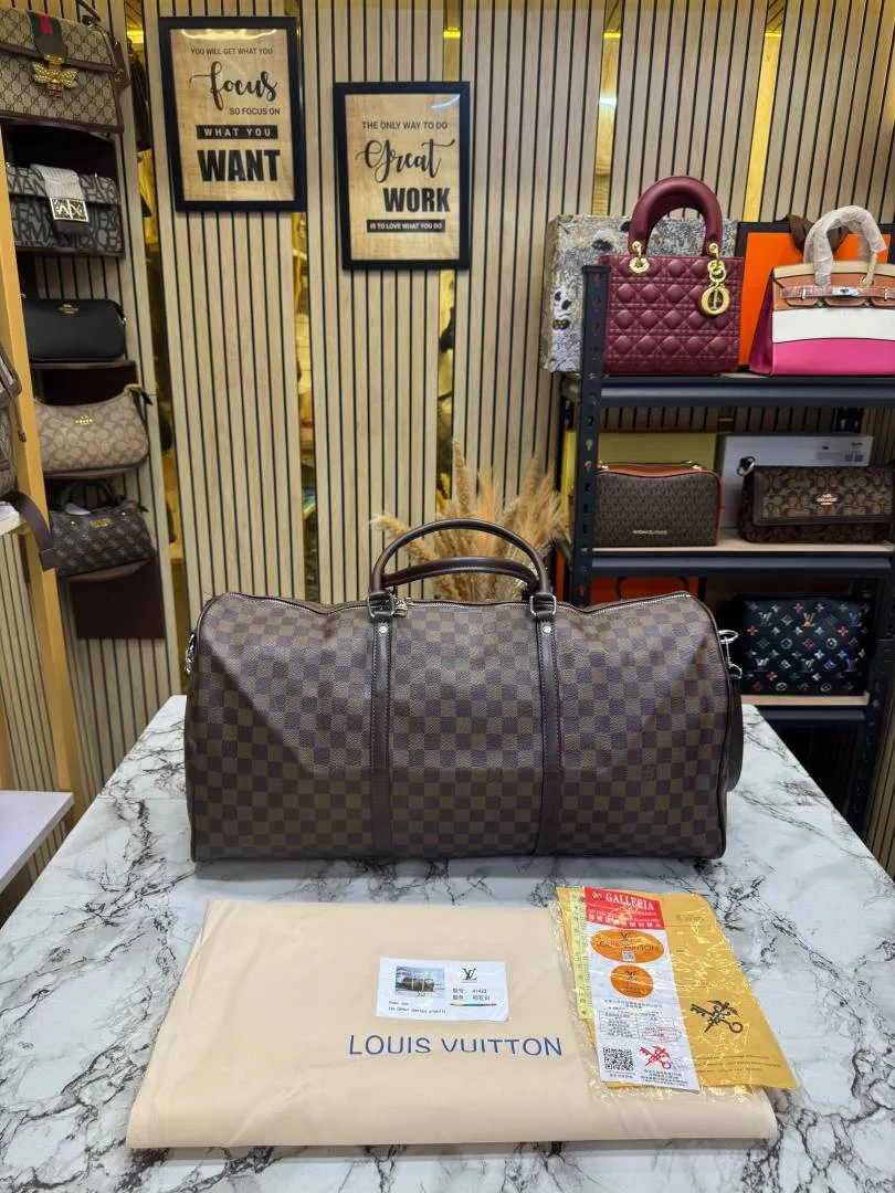Loui Vuitton Keep All Bandouliere Checks Duffle Bag With Dust Bag (Brown)