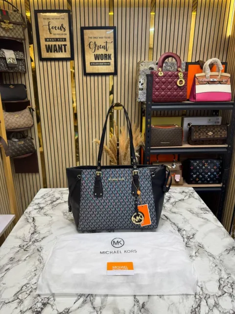 Michael Kor Jet Set Travel Signature Logo Large Top-Zip Tote Bag With Dust Bag (Black)
