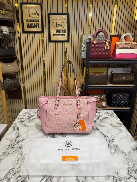 Michael Kor Jet Set Travel Signature Logo Large Top-Zip Tote Bag With Dust Bag (Pink)