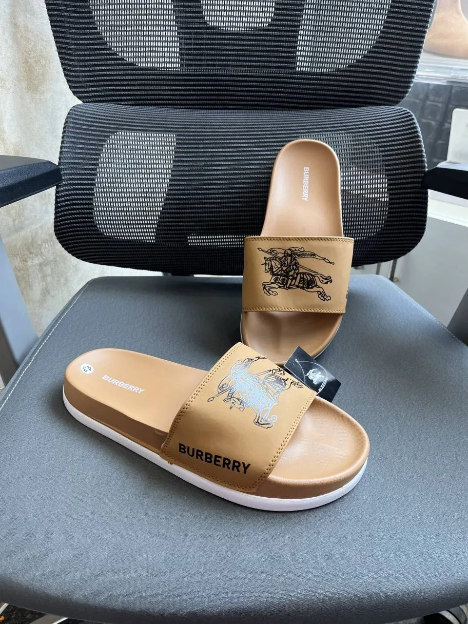 Burbery Print Comfort Slides Tan Yellow