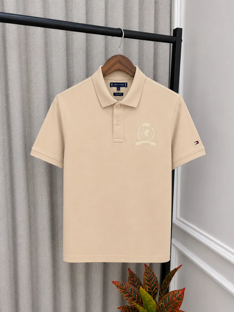 Tummy Hilfigr Beige Premium Imported Embossed Logo Polo T-Shirt(1349)