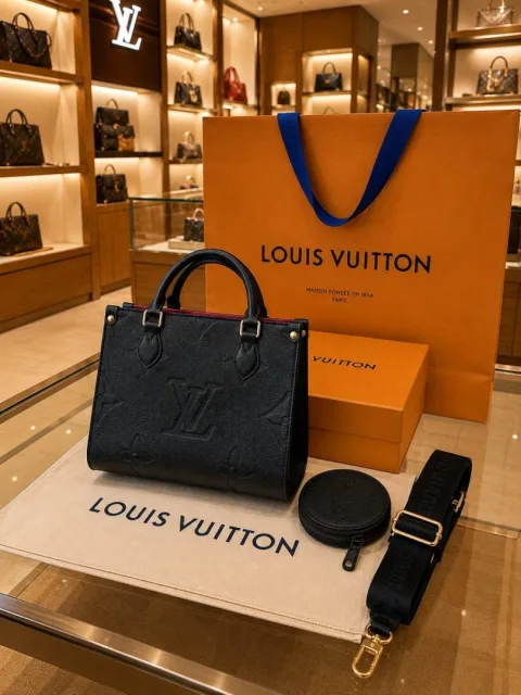Louiiss vuitton lv on the go otg mini tote with folding box carrybag coinpouch belt etc