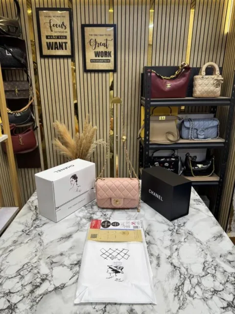 Chane Quilted Classic Flap Mini Bag with Og Double box And Dust Bag (6612-pink)
