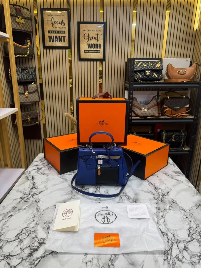 Hermez Kelly 25 Colormatic Retourne With Box And Dust Bag (Blue) (1075)