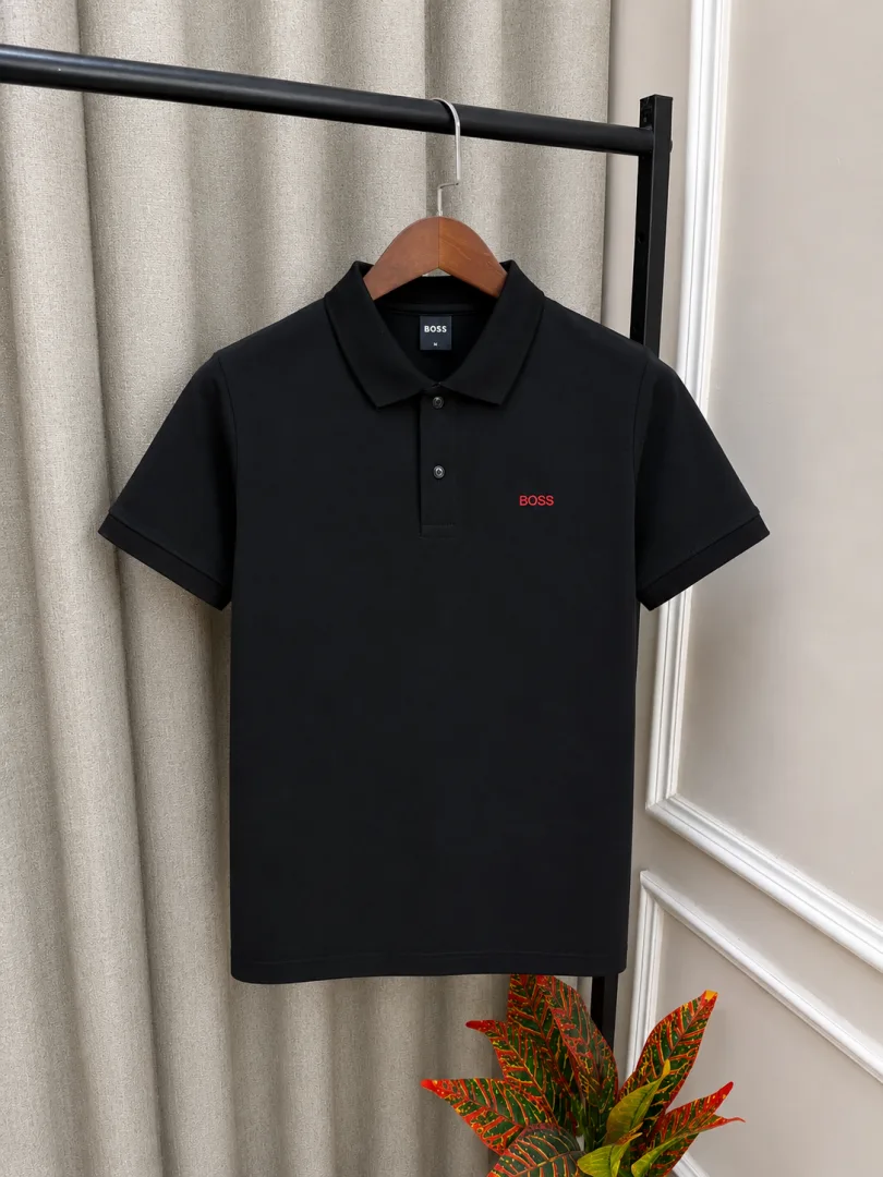 Hugo Bos Black Chest Embroidery Logo Premium Polo T-Shirt (1147)