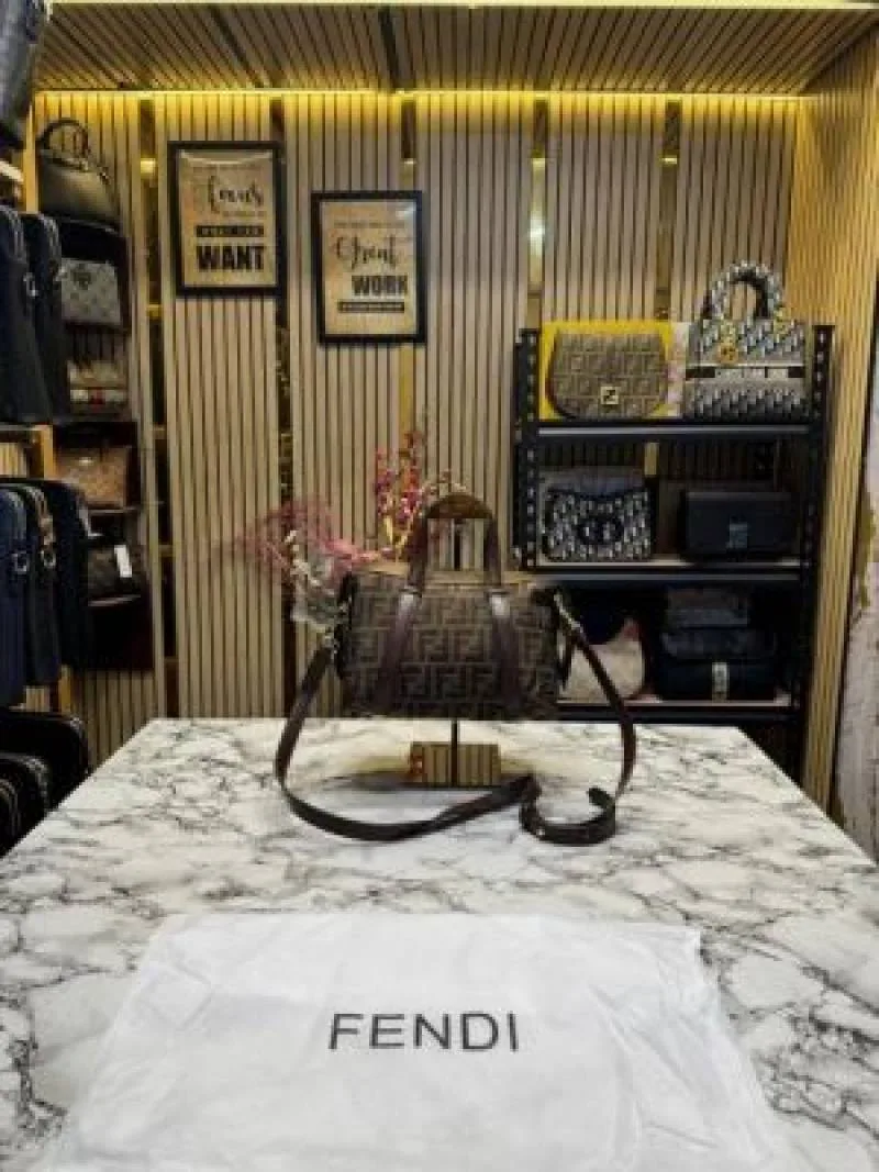 FENDY LEATHER BOWLING HANDBAG WITH SLING PREMIUM QUALITY WITH DUST BAG (COFFEE BROWN) (V-202221)