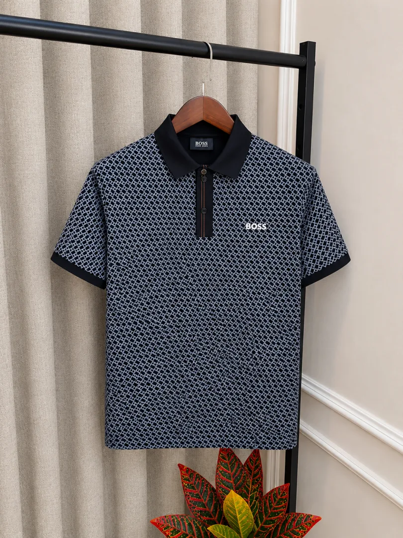 Hugo Bos Black All Over Print Store Article Premium Polo T-Shirt(1221)