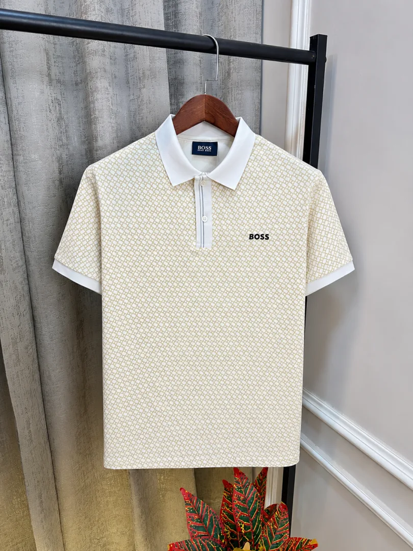 Hugo Bos Cream All Over Print Store Article Premium Polo T-Shirt(1217)