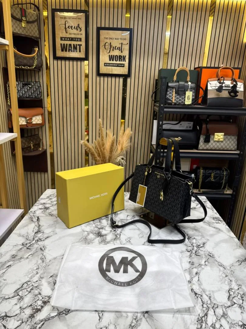 Micheal Kors Emma Signature MK Satchel Tote With Shoulder Strap With Box And Dust Bag (Black)
