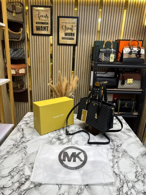 Micheal Kors Emma Signature MK Satchel Tote With Shoulder Strap With Box And Dust Bag (Black)