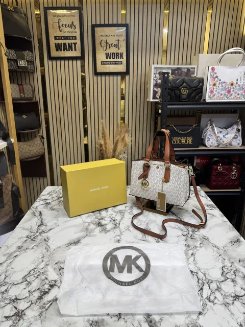 Michael Kor Emma Signature MK Satchel Tote With Shoulder Strap With Box And Dust Bag (Beige)