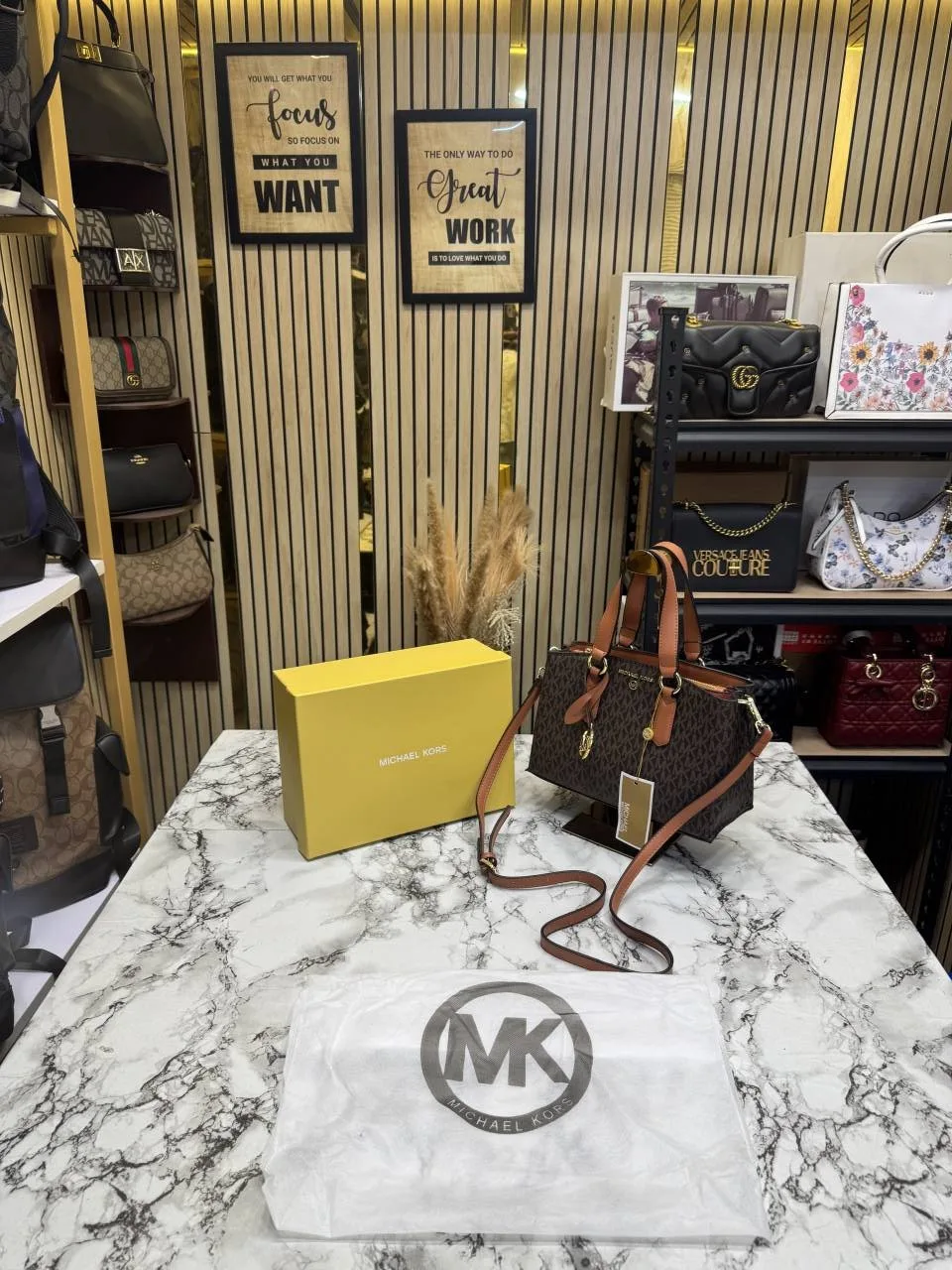 Micheal Kors Emma Signature MK Satchel Tote With Shoulder Strap (Brown)
