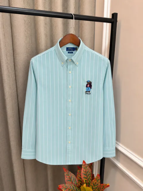 Ralf Lauren Polo Sea Green Chest Teddy Logo Linen Stripe Premium Classic Shirt(1211)