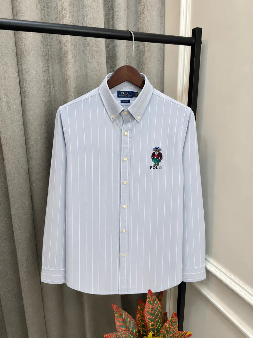 Ralf Lauren Polo Grey Chest Teddy Logo Linen Stripe Premium Classic Shirt(1209)