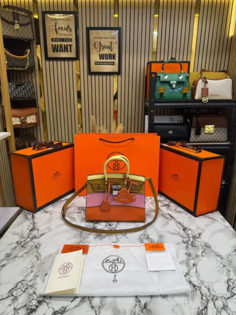 Hermez Limited Edition Colorblock Birkin Leather Top Handle Bag With Crossbody Strap Including Box And Carry Bag