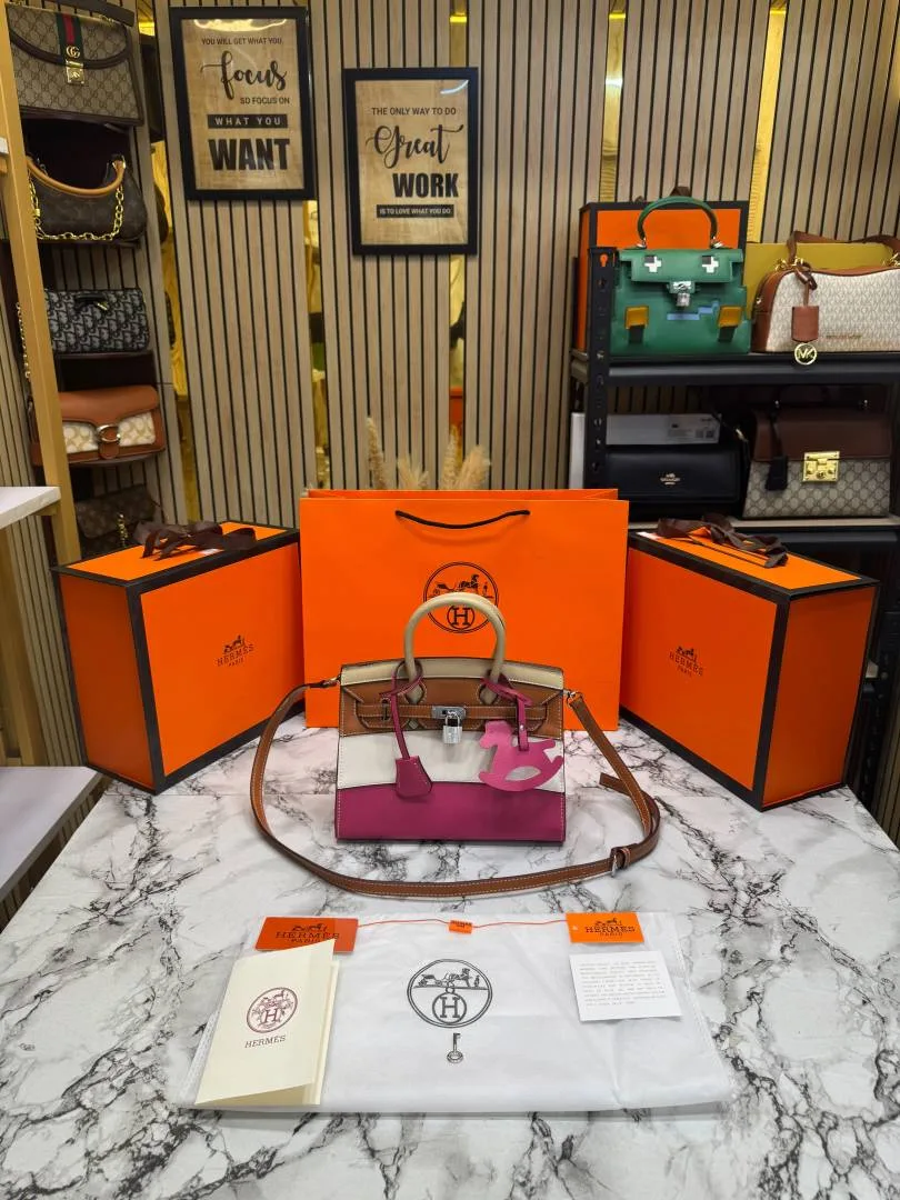 Hermez Limited Edition Colorblock Birkin Leather Top Handle Bag With Crossbody Strap Including Box And Carry Bag